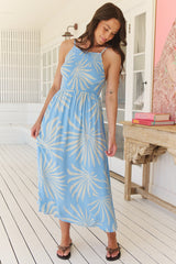 Marlowe Midi Dress - Shirred Bodice Spaghetti Strap Dress in Floating Palms Print