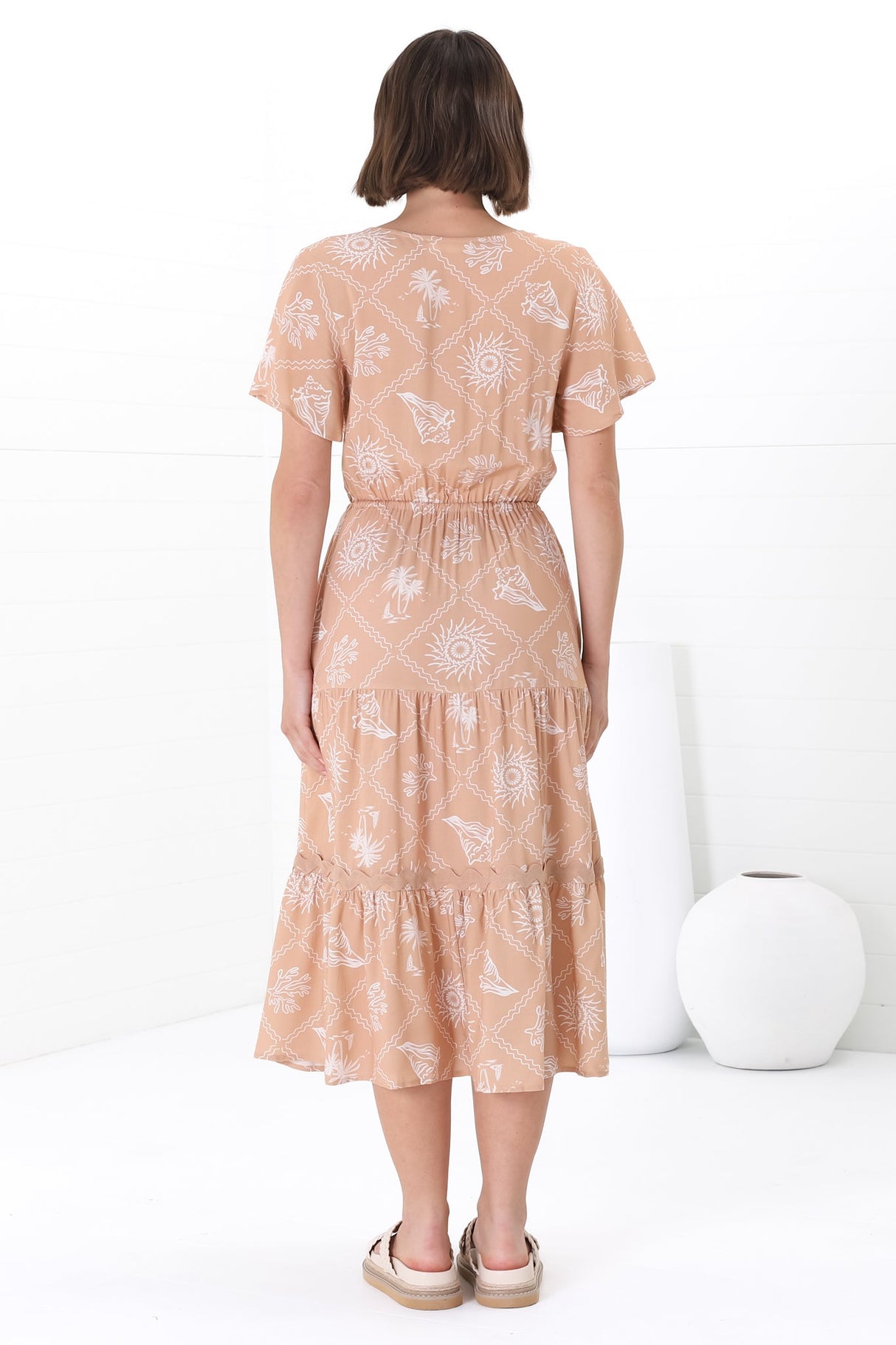 Marly Midi Dress - A Line Dress with Cap Sleeves and Rick Rack Splicing Kalah Print in Beige