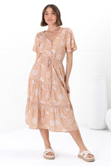 Marly Midi Dress - A Line Dress with Cap Sleeves and Rick Rack Splicing Kalah Print in Beige