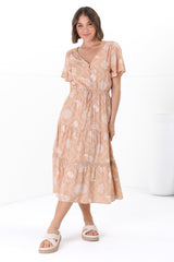 Marly Midi Dress - A Line Dress with Cap Sleeves and Rick Rack Splicing Kalah Print in Beige