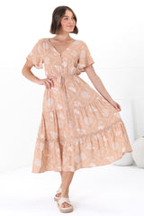 Marly Midi Dress - A Line Dress with Cap Sleeves and Rick Rack Splicing Kalah Print in Beige