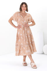 Marly Midi Dress - A Line Dress with Cap Sleeves and Rick Rack Splicing Kalah Print in Beige