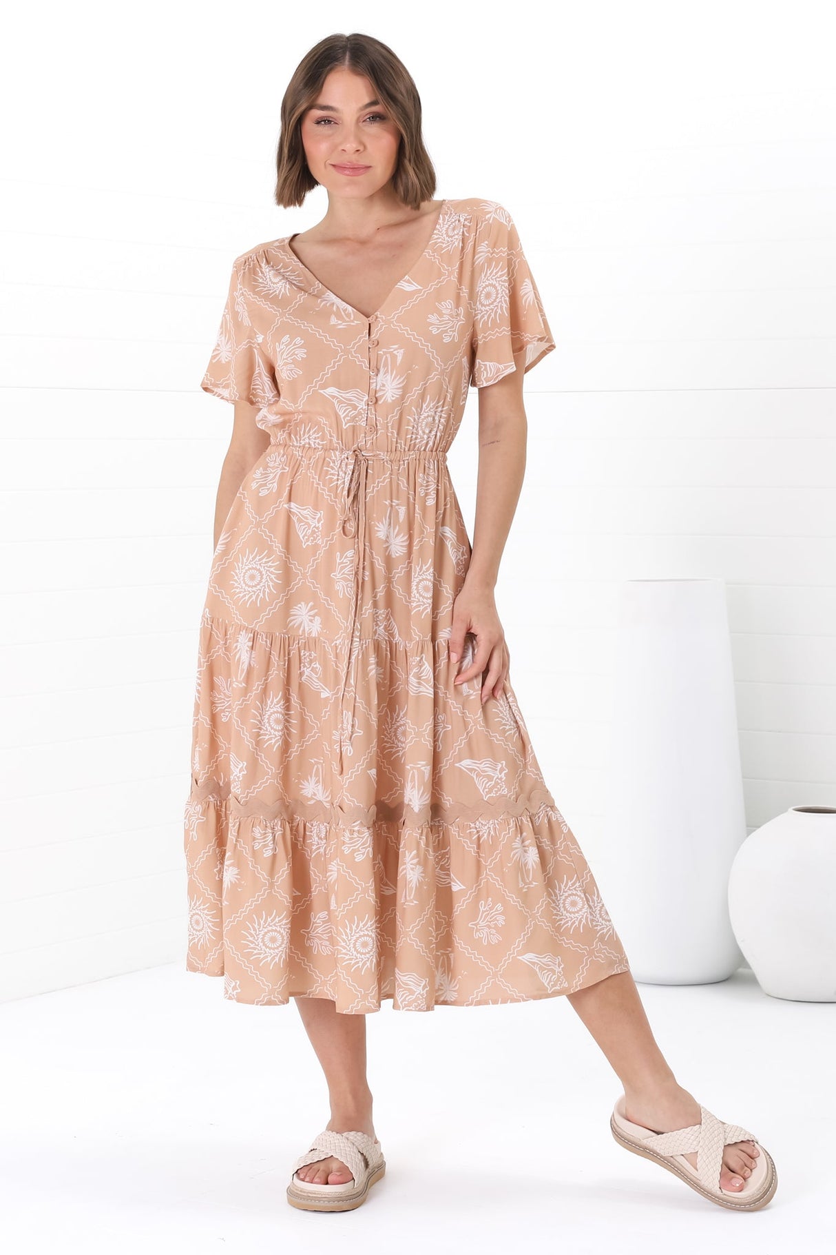 Marly Midi Dress - A Line Dress with Cap Sleeves and Rick Rack Splicing Kalah Print in Beige