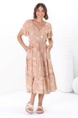 Marly Midi Dress - A Line Dress with Cap Sleeves and Rick Rack Splicing Kalah Print in Beige