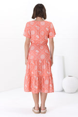 Marly Midi Dress - A Line Dress with Cap Sleeves and Rick Rack Splicing Kalah Print in Orange