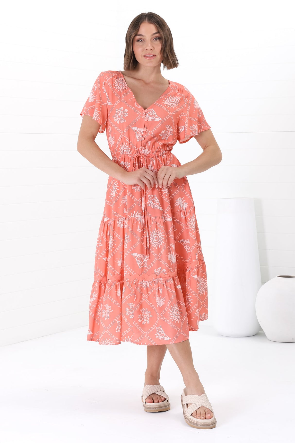 Marly Midi Dress - A Line Dress with Cap Sleeves and Rick Rack Splicing Kalah Print in Orange