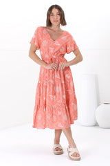 Marly Midi Dress - A Line Dress with Cap Sleeves and Rick Rack Splicing Kalah Print in Orange