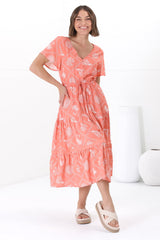 Marly Midi Dress - A Line Dress with Cap Sleeves and Rick Rack Splicing Kalah Print in Orange