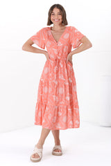 Marly Midi Dress - A Line Dress with Cap Sleeves and Rick Rack Splicing Kalah Print in Orange