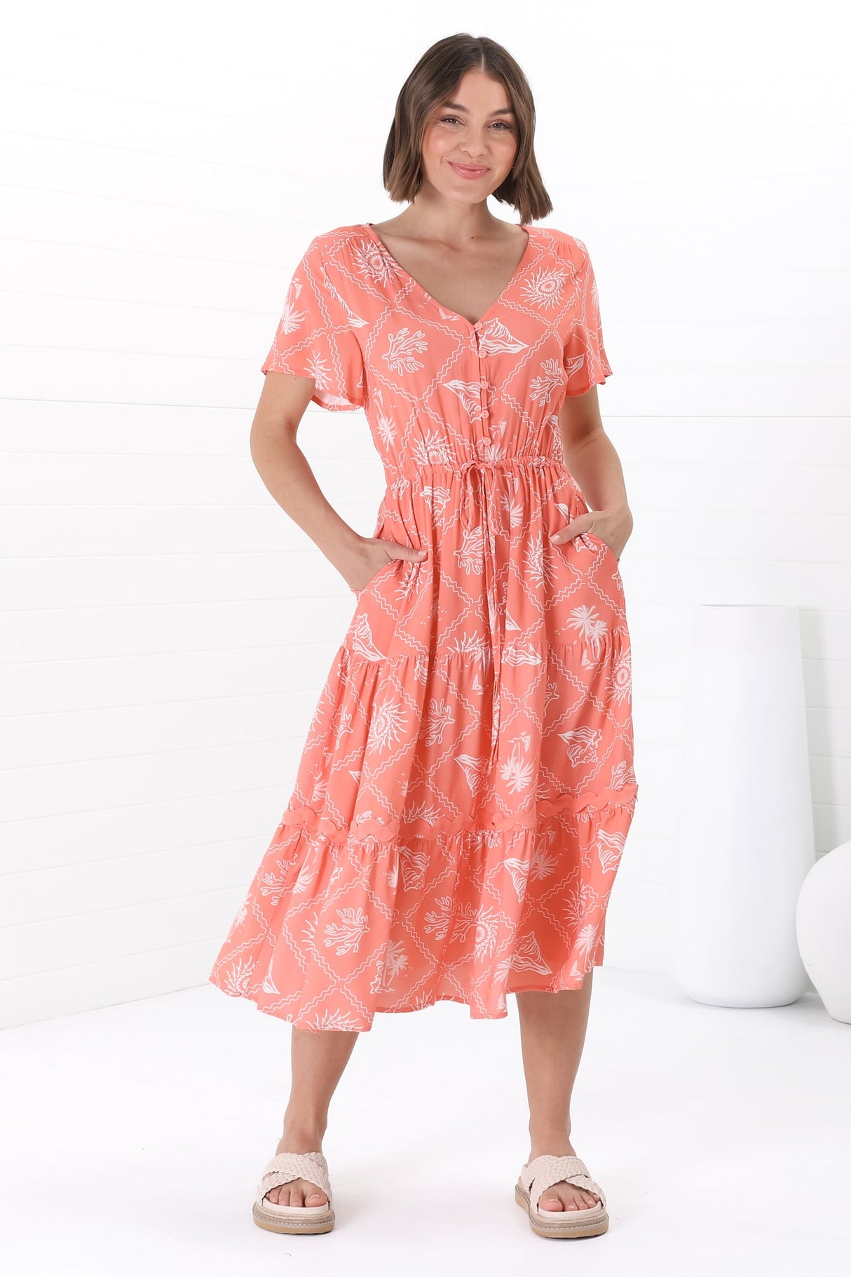 Marly Midi Dress - A Line Dress with Cap Sleeves and Rick Rack Splicing Kalah Print in Orange