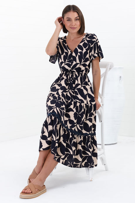 Marly Midi Dress - A Line Dress with Cap Sleeves and Rick Rack Splicing Kiera Print Navy