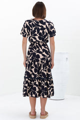 Marly Midi Dress - A Line Dress with Cap Sleeves and Rick Rack Splicing Kiera Print Navy