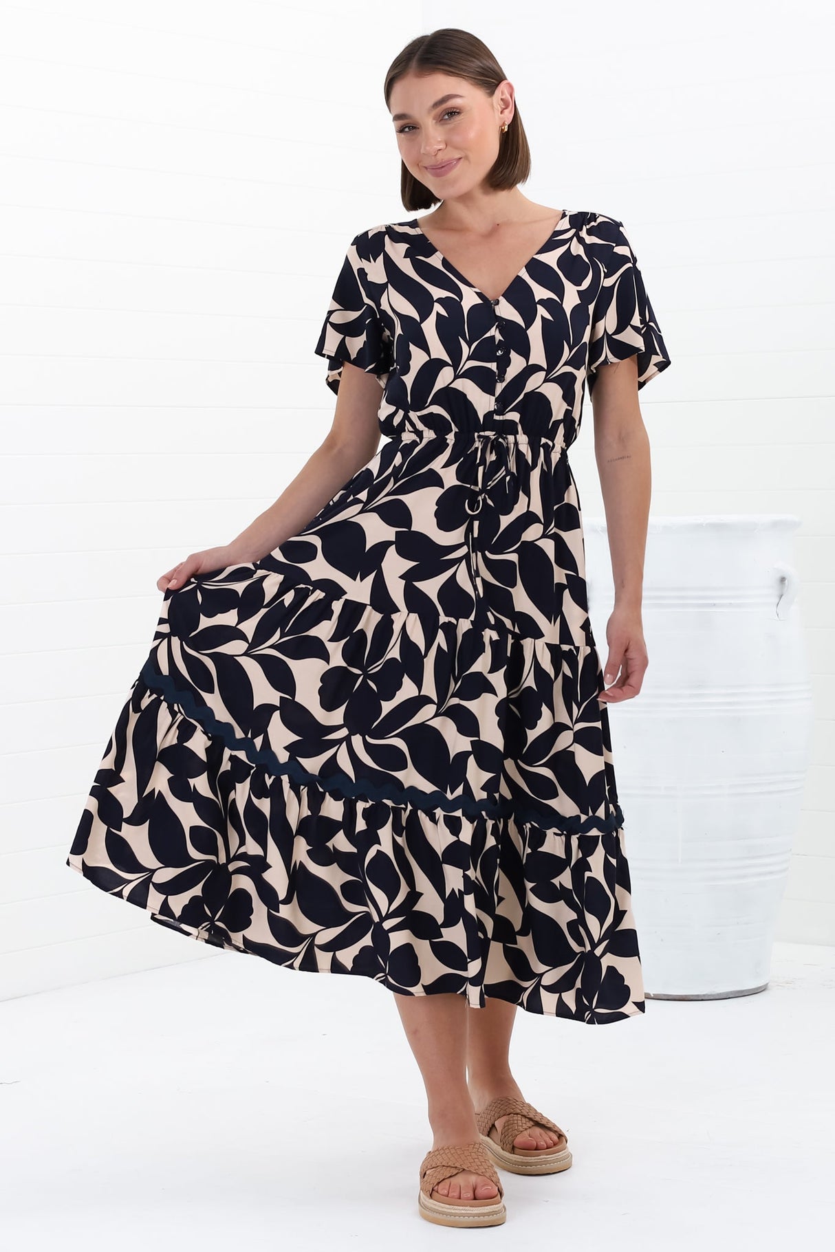 Marly Midi Dress - A Line Dress with Cap Sleeves and Rick Rack Splicing Kiera Print Navy