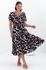 Marly Midi Dress - A Line Dress with Cap Sleeves and Rick Rack Splicing Kiera Print Navy