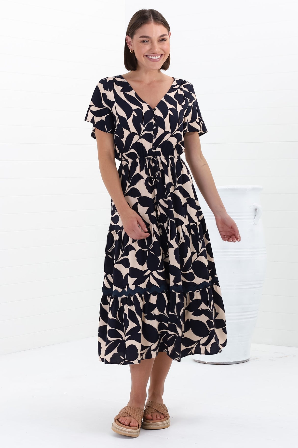 Marly Midi Dress - A Line Dress with Cap Sleeves and Rick Rack Splicing Kiera Print Navy