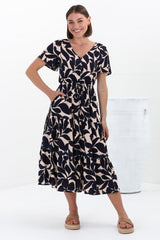 Marly Midi Dress - A Line Dress with Cap Sleeves and Rick Rack Splicing Kiera Print Navy