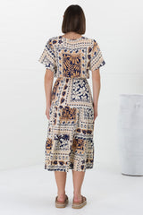 Marly Midi Dress - A Line Dress with Cap Sleeves and Rick Rack Splicing Alphy Print