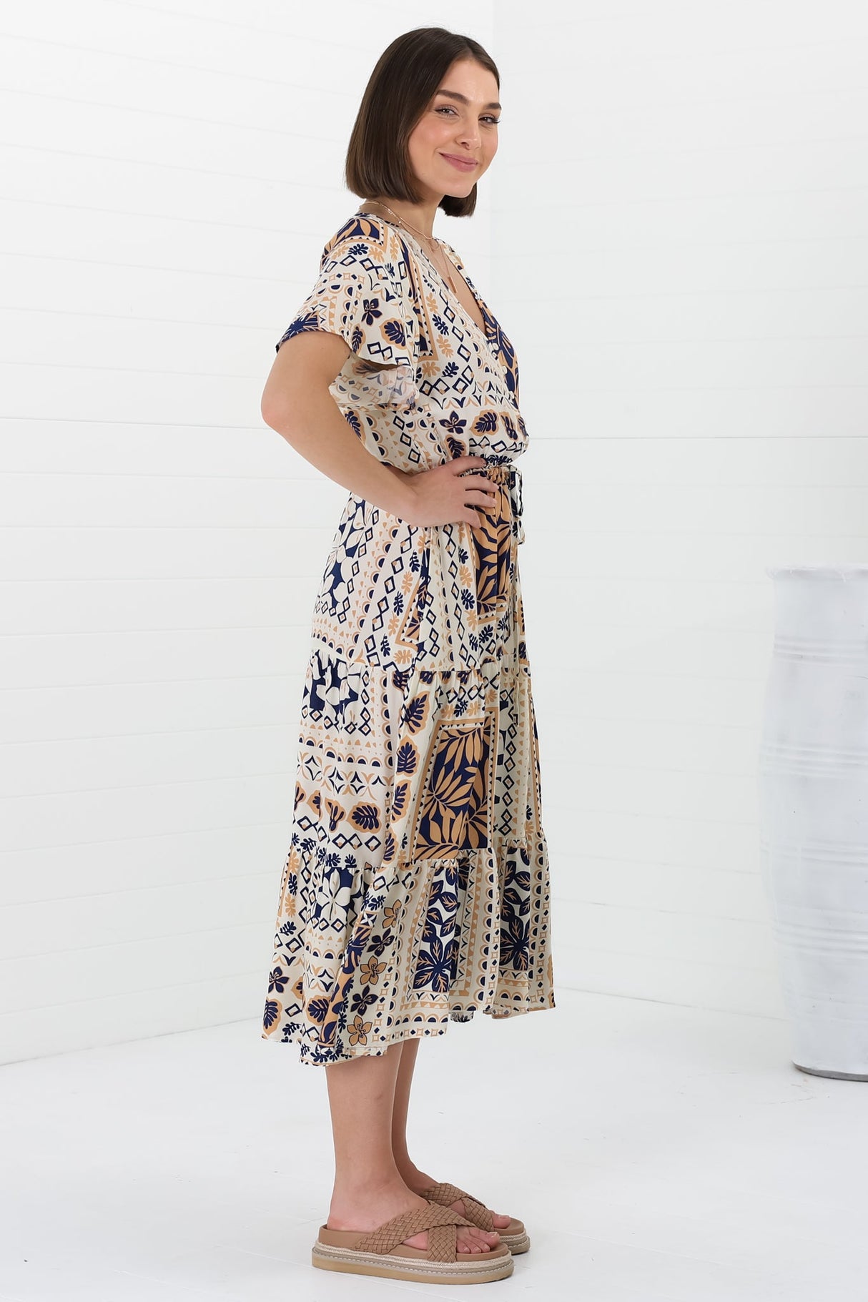 Marly Midi Dress - A Line Dress with Cap Sleeves and Rick Rack Splicing Alphy Print