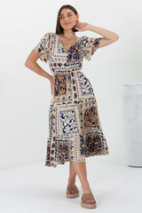 Marly Midi Dress - A Line Dress with Cap Sleeves and Rick Rack Splicing Alphy Print