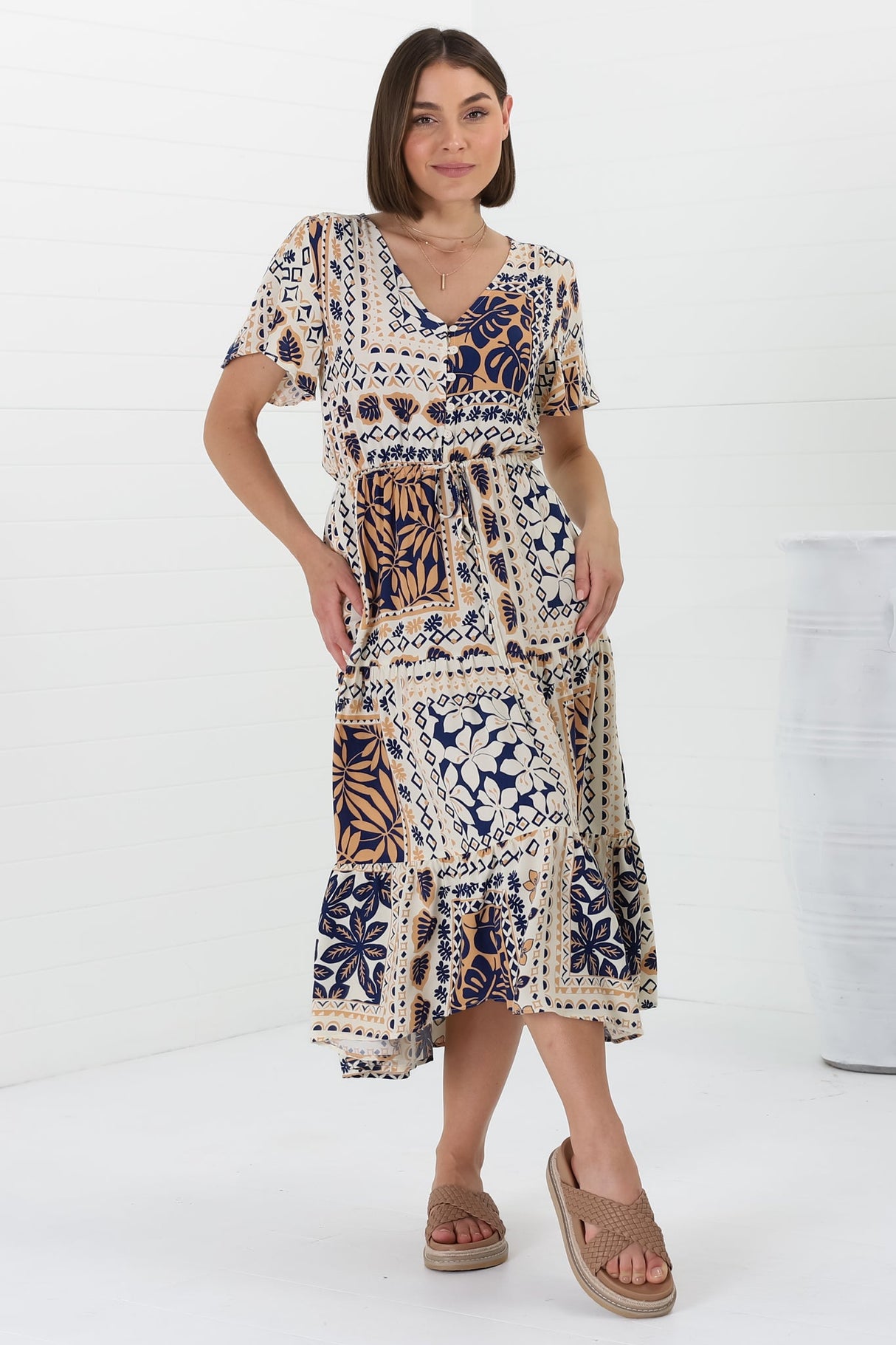 Marly Midi Dress - A Line Dress with Cap Sleeves and Rick Rack Splicing Alphy Print