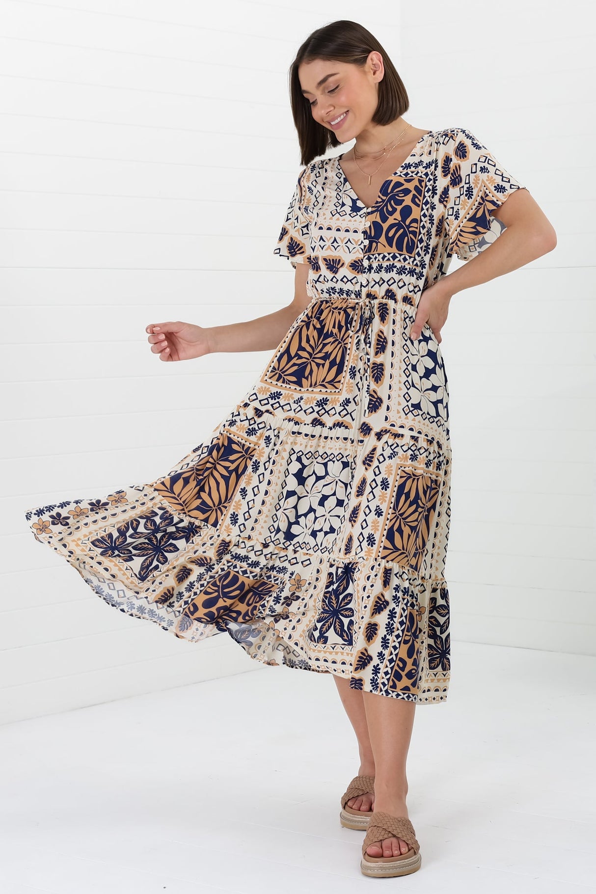 Marly Midi Dress - A Line Dress with Cap Sleeves and Rick Rack Splicing Alphy Print