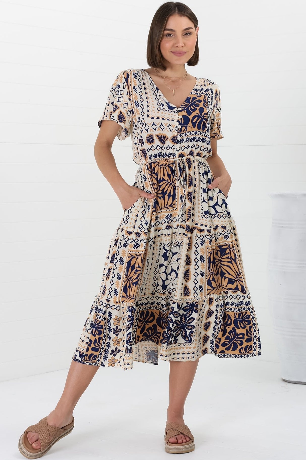 Marly Midi Dress - A Line Dress with Cap Sleeves and Rick Rack Splicing Alphy Print