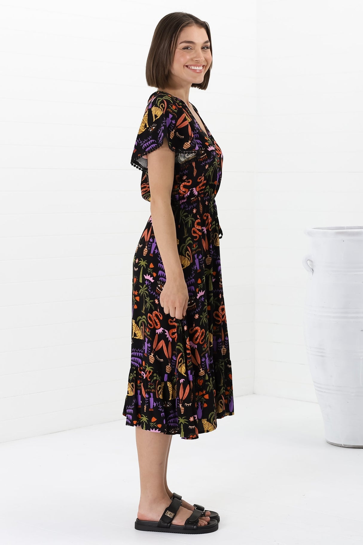 Marly Midi Dress - A Line Dress with Cap Sleeves and Rick Rack Splicing Ayla Print