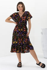 Marly Midi Dress - A Line Dress with Cap Sleeves and Rick Rack Splicing Ayla Print