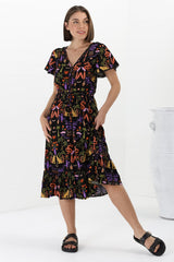 Marly Midi Dress - A Line Dress with Cap Sleeves and Rick Rack Splicing Ayla Print