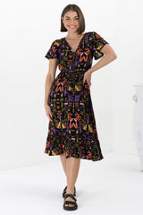 Marly Midi Dress - A Line Dress with Cap Sleeves and Rick Rack Splicing Ayla Print