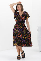 Marly Midi Dress - A Line Dress with Cap Sleeves and Rick Rack Splicing Ayla Print