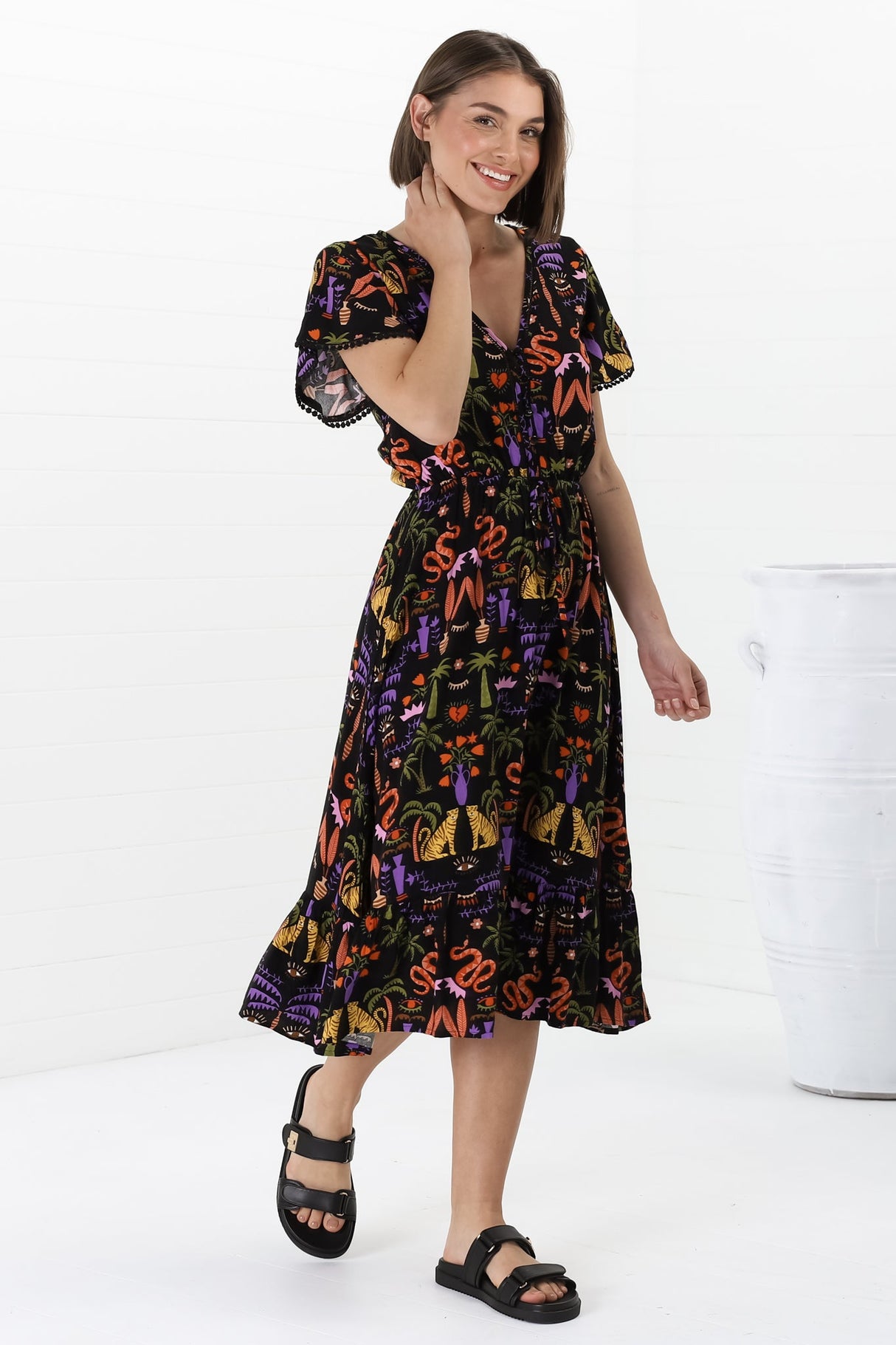 Marly Midi Dress - A Line Dress with Cap Sleeves and Rick Rack Splicing Ayla Print