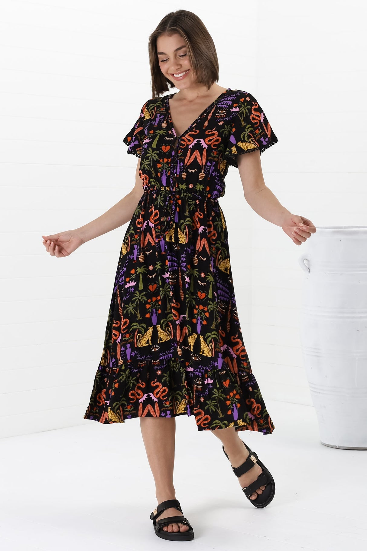 Marly Midi Dress - A Line Dress with Cap Sleeves and Rick Rack Splicing Ayla Print