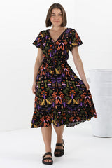 Marly Midi Dress - A Line Dress with Cap Sleeves and Rick Rack Splicing Ayla Print