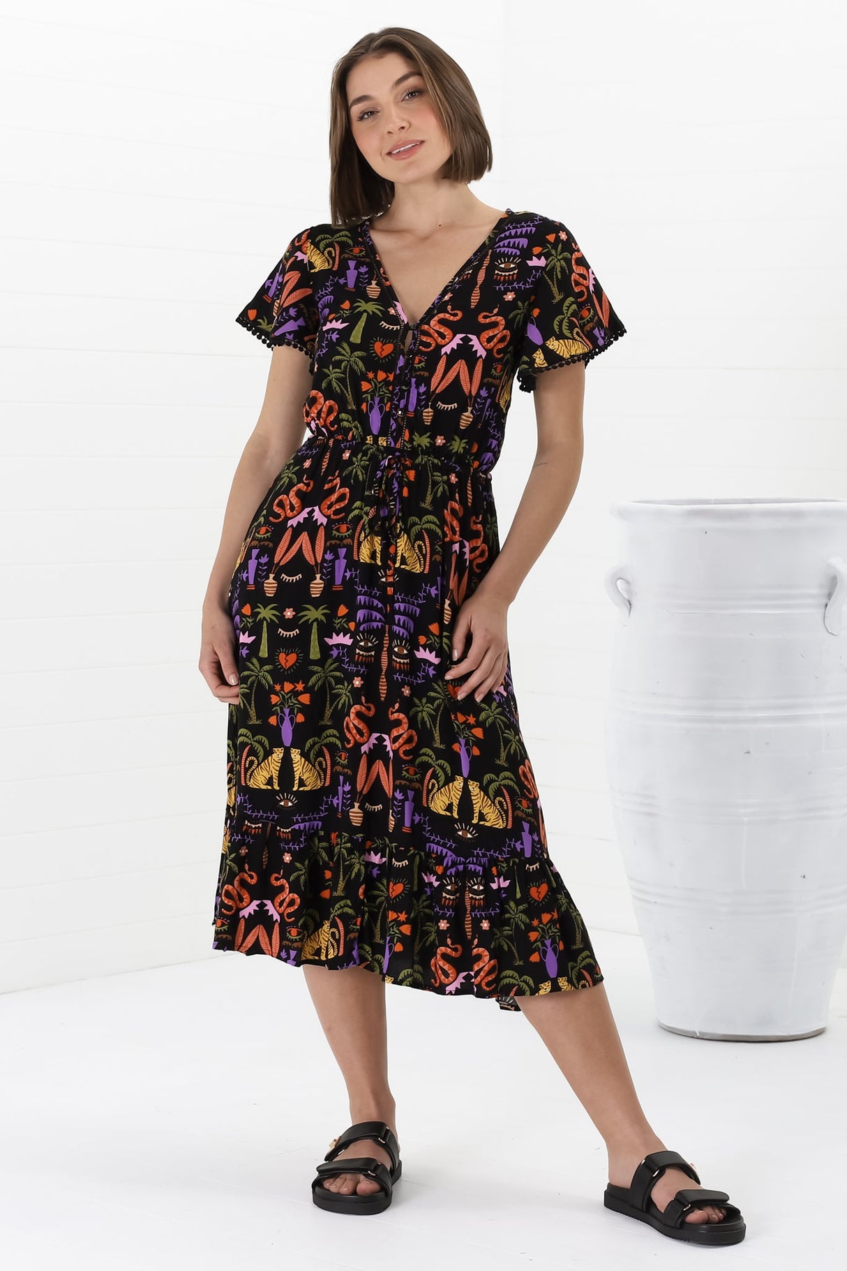 Marly Midi Dress - A Line Dress with Cap Sleeves and Rick Rack Splicing Ayla Print