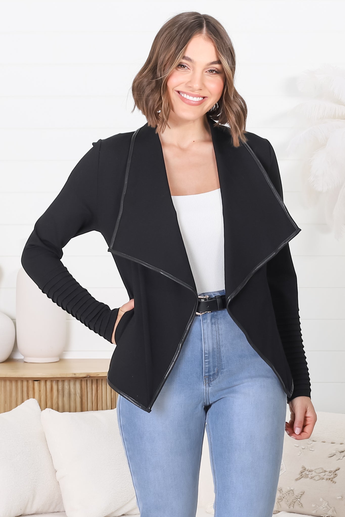 Marlyn Jacket - Faux Leather Trim Lapel Collar Jacket with Pintuck Detailed Sleeves in Black