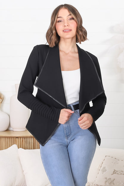 Marlyn Jacket - Faux Leather Trim Lapel Collar Jacket with Pintuck Detailed Sleeves in Black