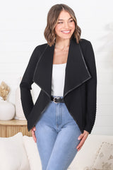 Marlyn Jacket - Faux Leather Trim Lapel Collar Jacket with Pintuck Detailed Sleeves in Black