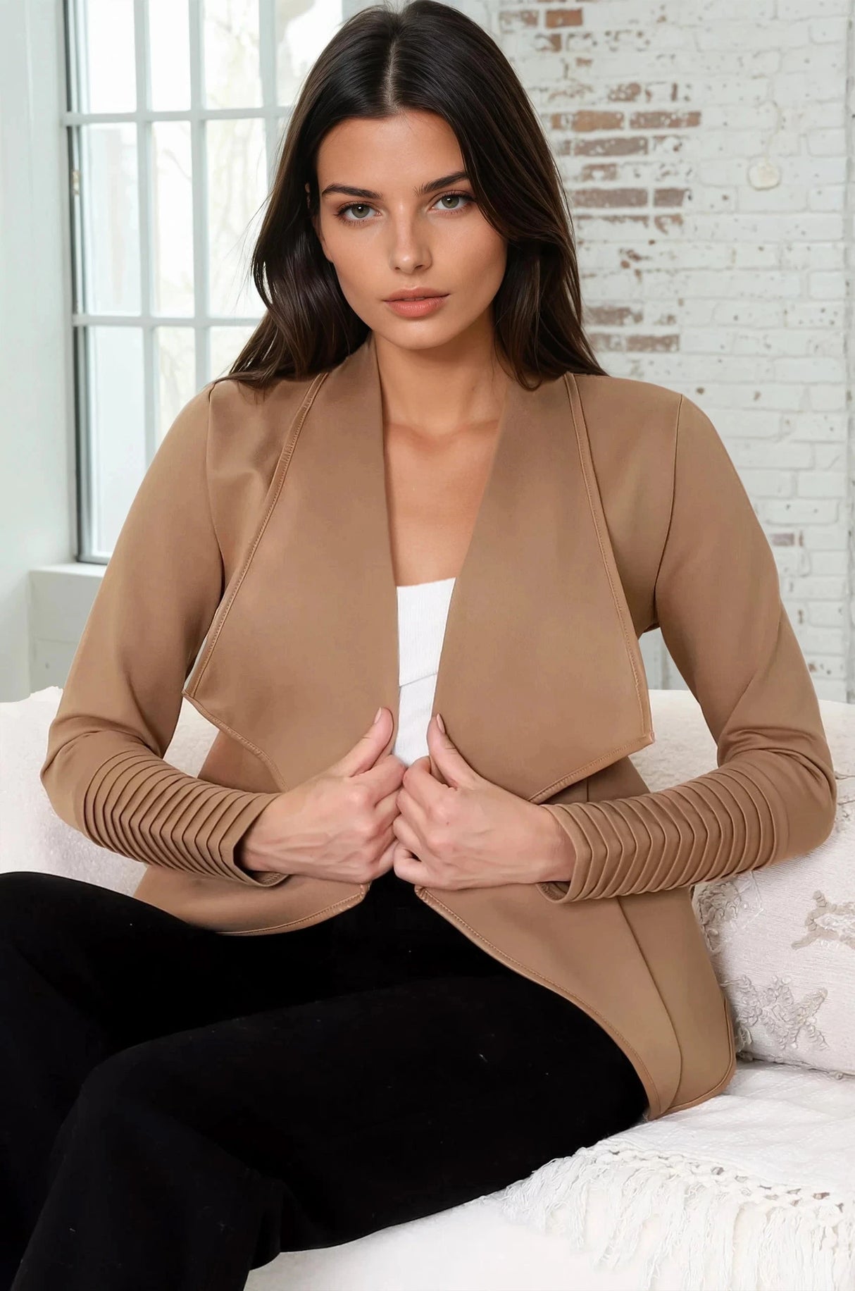 Marlyn Jacket - Faux Leather Trim Lapel Collar Jacket with Pintuck Detailed Sleeves in Camel