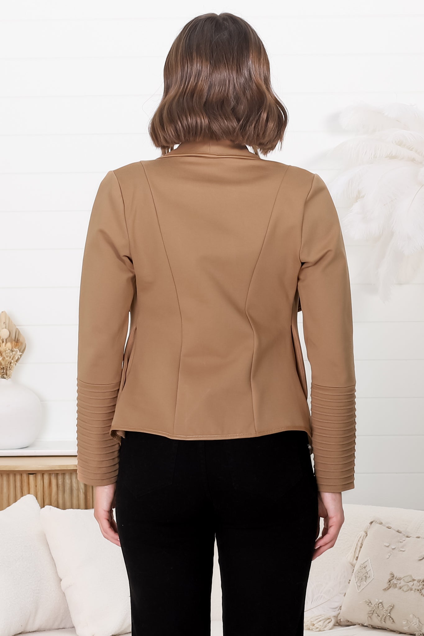 Marlyn Jacket - Faux Leather Trim Lapel Collar Jacket with Pintuck Detailed Sleeves in Camel