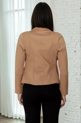 Marlyn Jacket - Faux Leather Trim Lapel Collar Jacket with Pintuck Detailed Sleeves in Camel