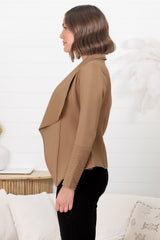 Marlyn Jacket - Faux Leather Trim Lapel Collar Jacket with Pintuck Detailed Sleeves in Camel