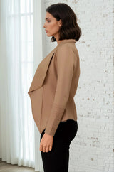 Marlyn Jacket - Faux Leather Trim Lapel Collar Jacket with Pintuck Detailed Sleeves in Camel