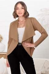 Marlyn Jacket - Faux Leather Trim Lapel Collar Jacket with Pintuck Detailed Sleeves in Camel