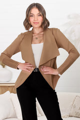 Marlyn Jacket - Faux Leather Trim Lapel Collar Jacket with Pintuck Detailed Sleeves in Camel