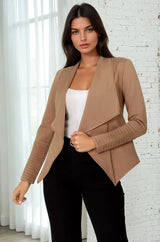 Marlyn Jacket - Faux Leather Trim Lapel Collar Jacket with Pintuck Detailed Sleeves in Camel