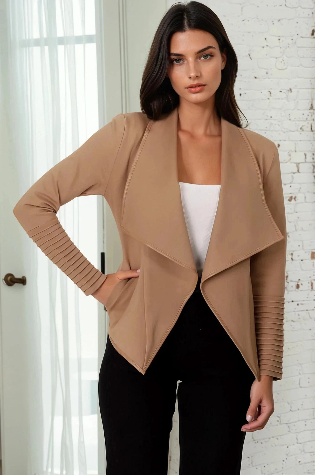 Marlyn Jacket - Faux Leather Trim Lapel Collar Jacket with Pintuck Detailed Sleeves in Camel