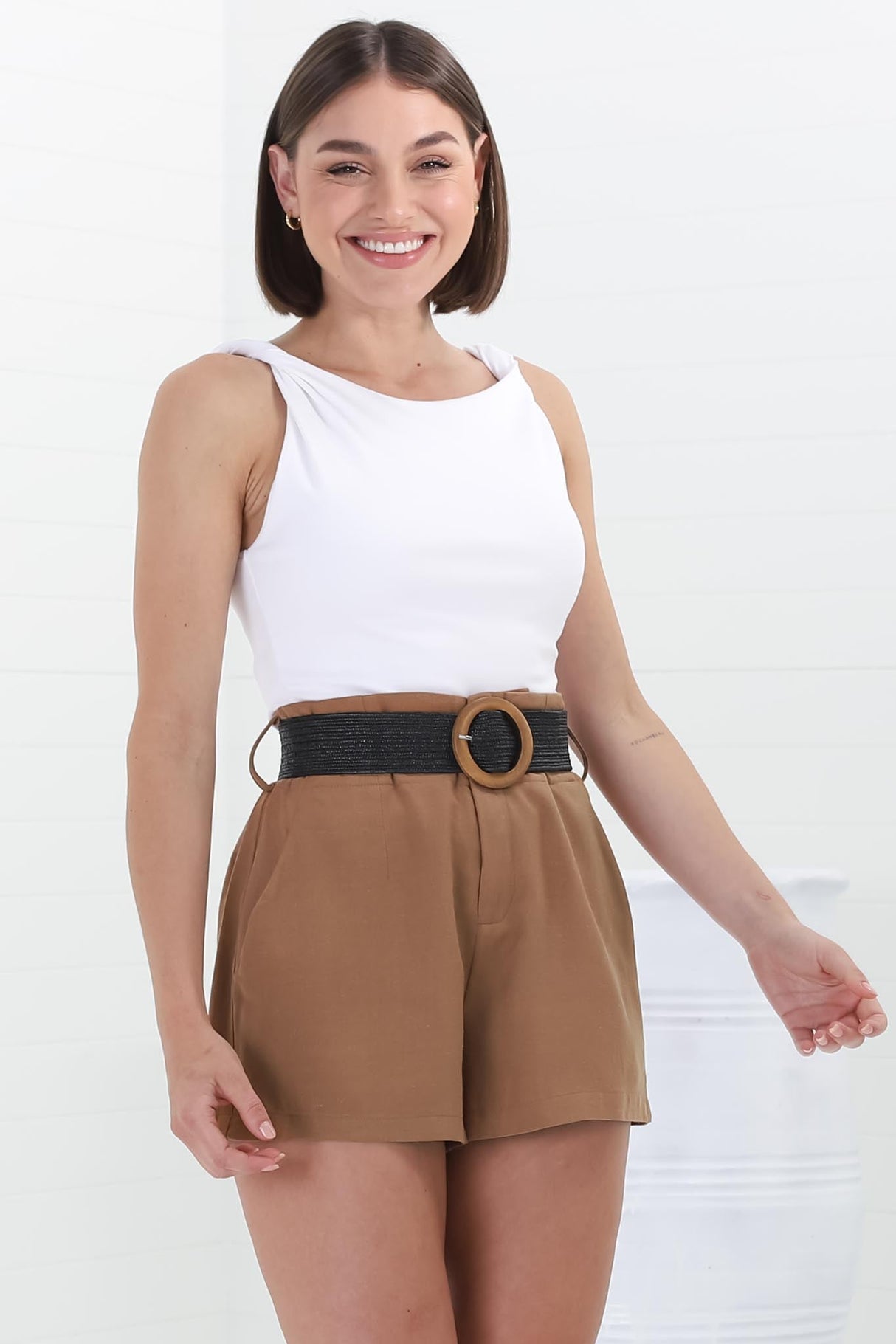 Marlyn Shorts - High Waisted Short with Statement Belt in Camel