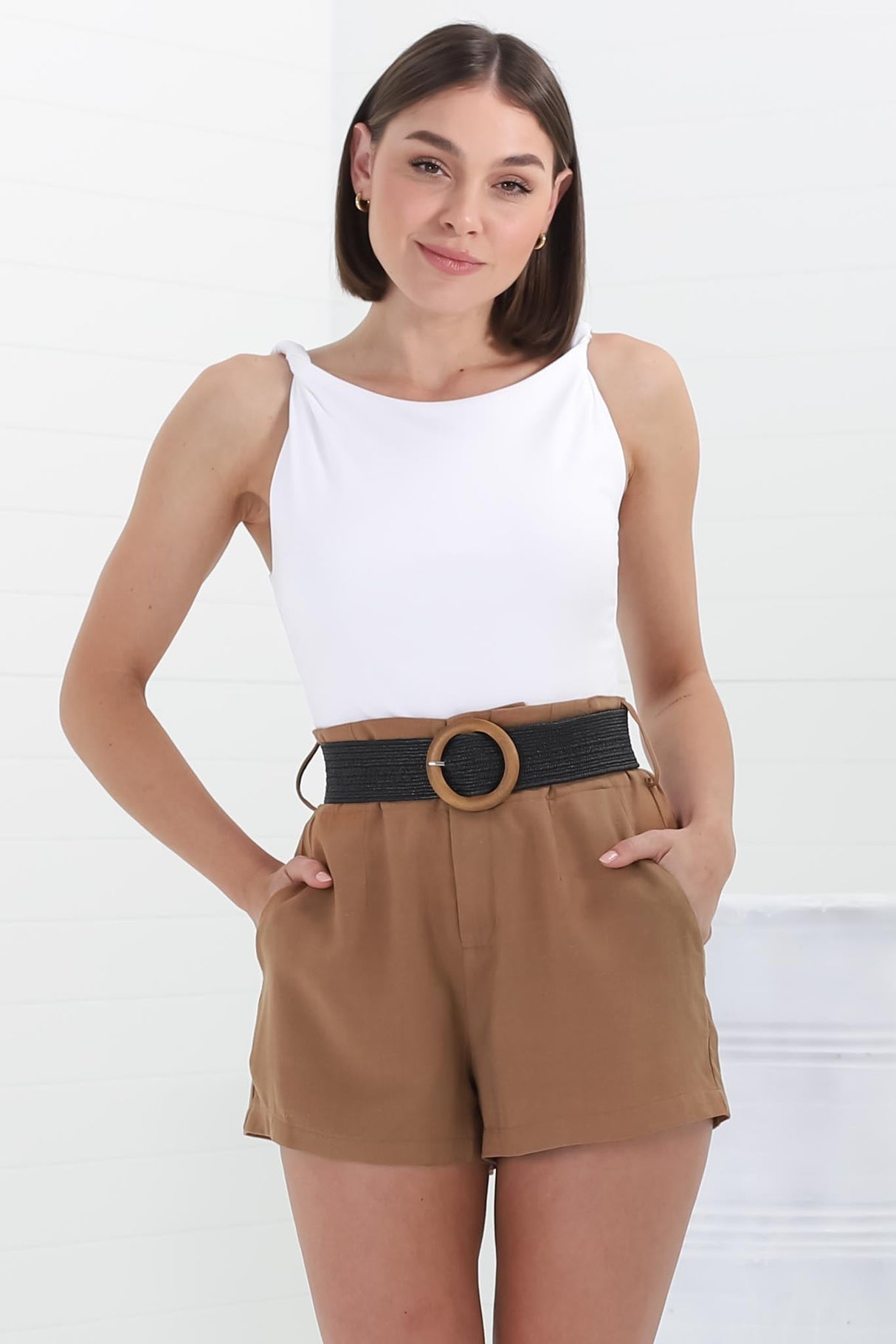 Marlyn Shorts - High Waisted Short with Statement Belt in Camel