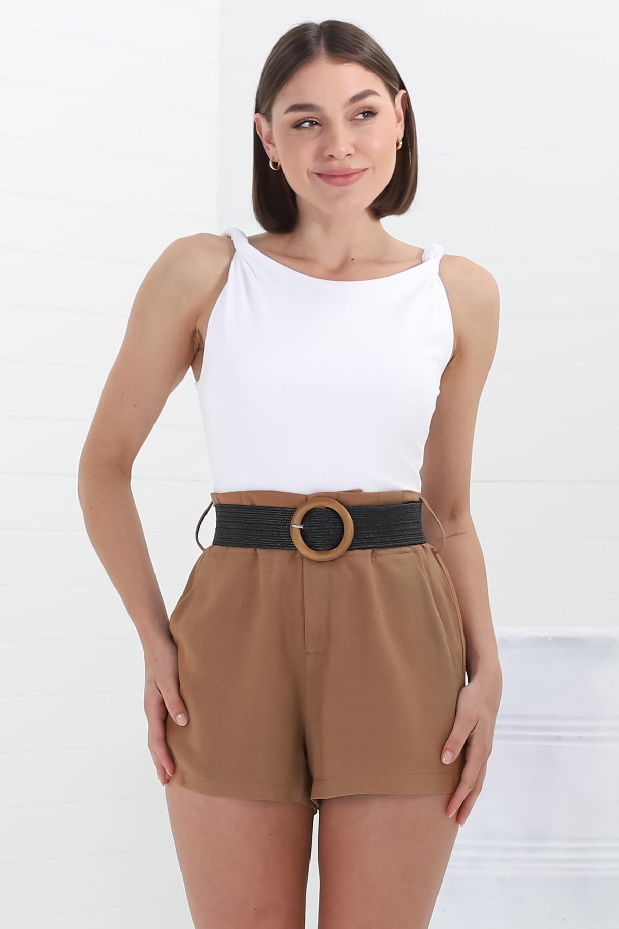 Marlyn Shorts - High Waisted Short with Statement Belt in Camel